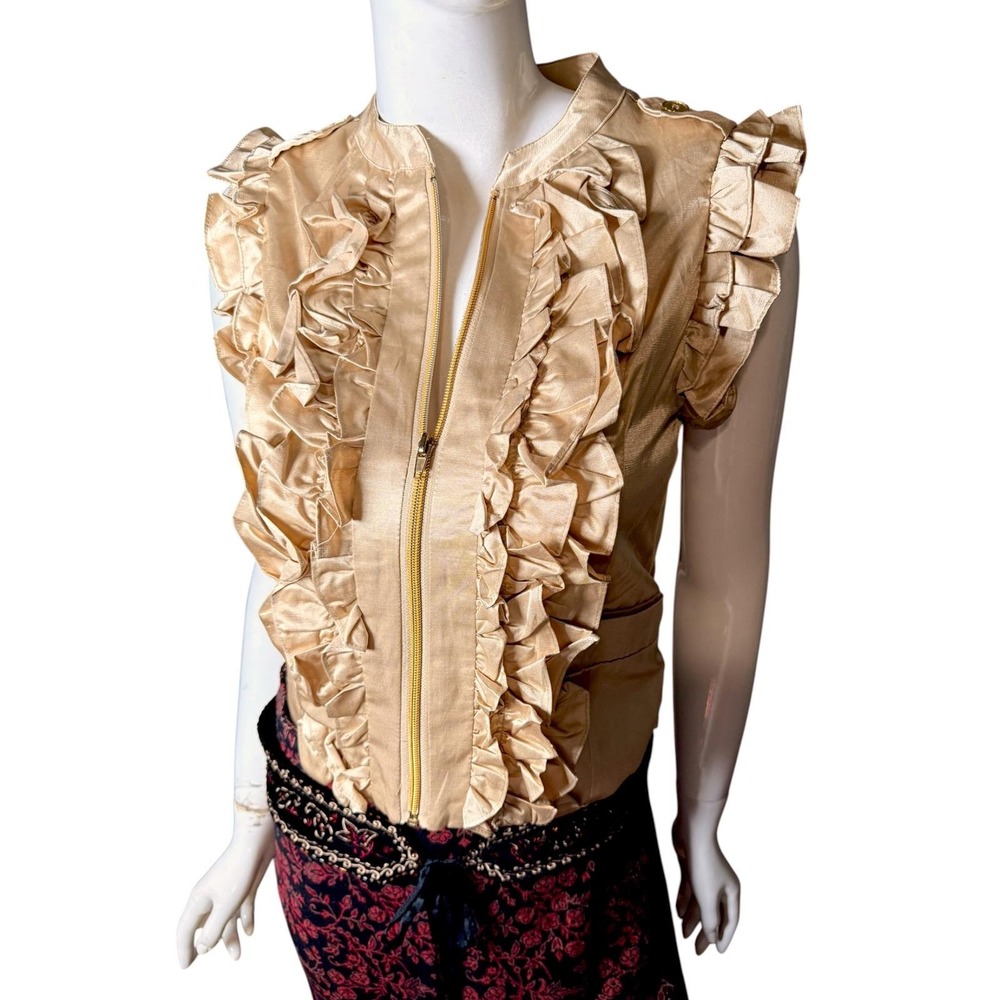 Last Kiss Champagne Gold Ruffle Zip Front Vest Sleeveless Satin Top  Victorian